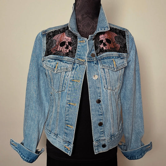 Upcycled denim jacket skulls and roses pink sustainable fashion made in melbourne 