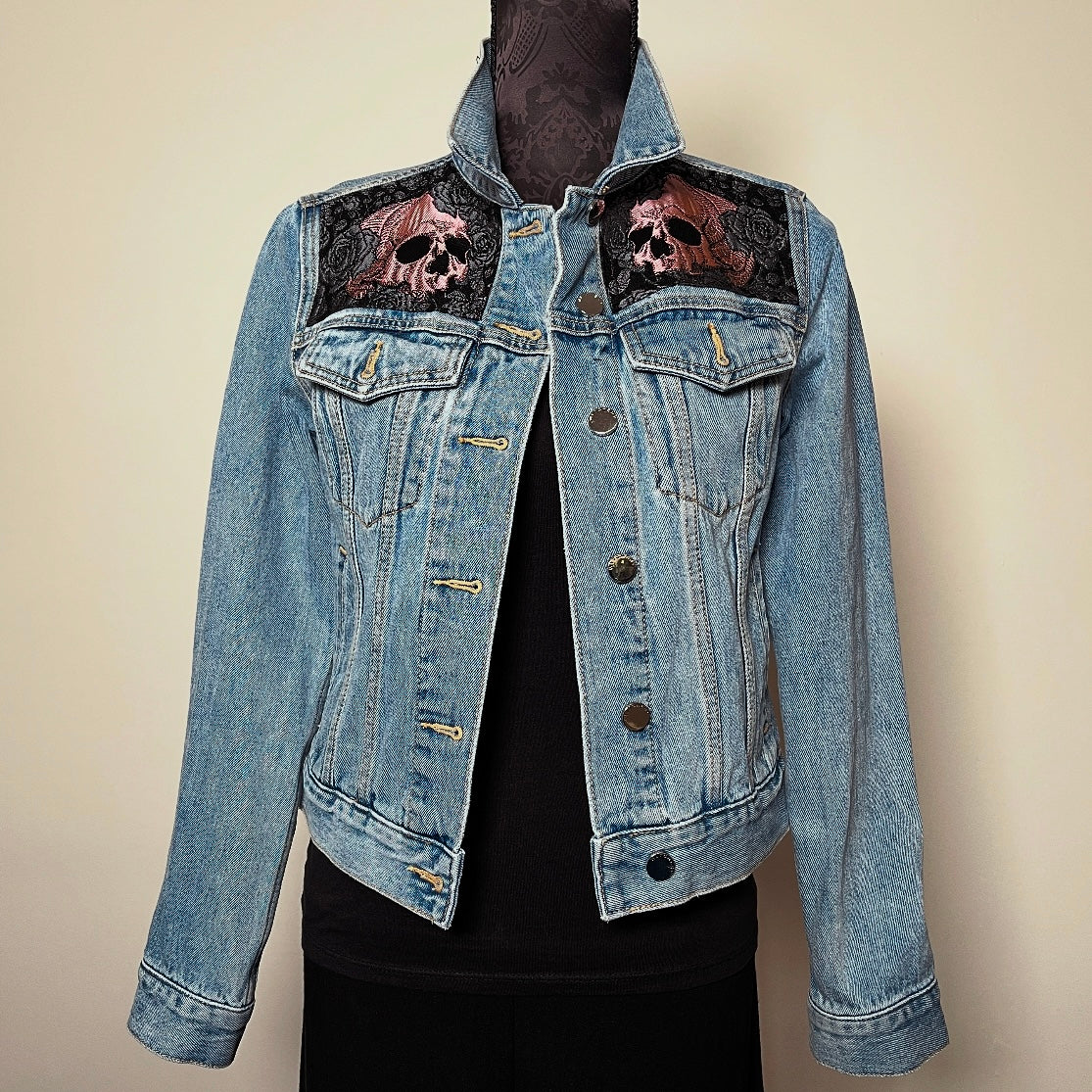 Upcycled denim jacket skulls and roses pink sustainable fashion made in melbourne 