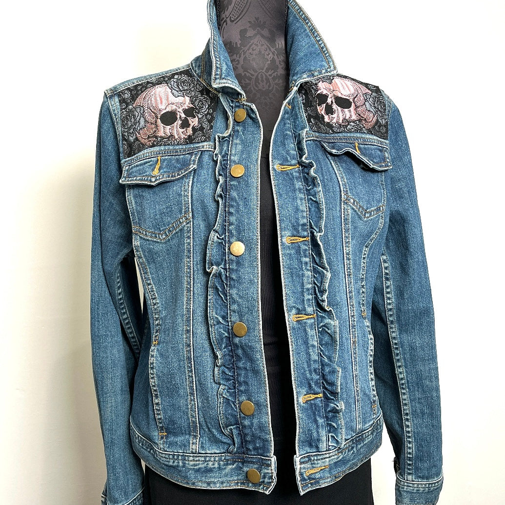 Upcycled denim jacket skulls and roses sustainable fashion made in melbourne 
