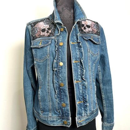 Upcycled denim jacket skulls and roses sustainable fashion made in melbourne 