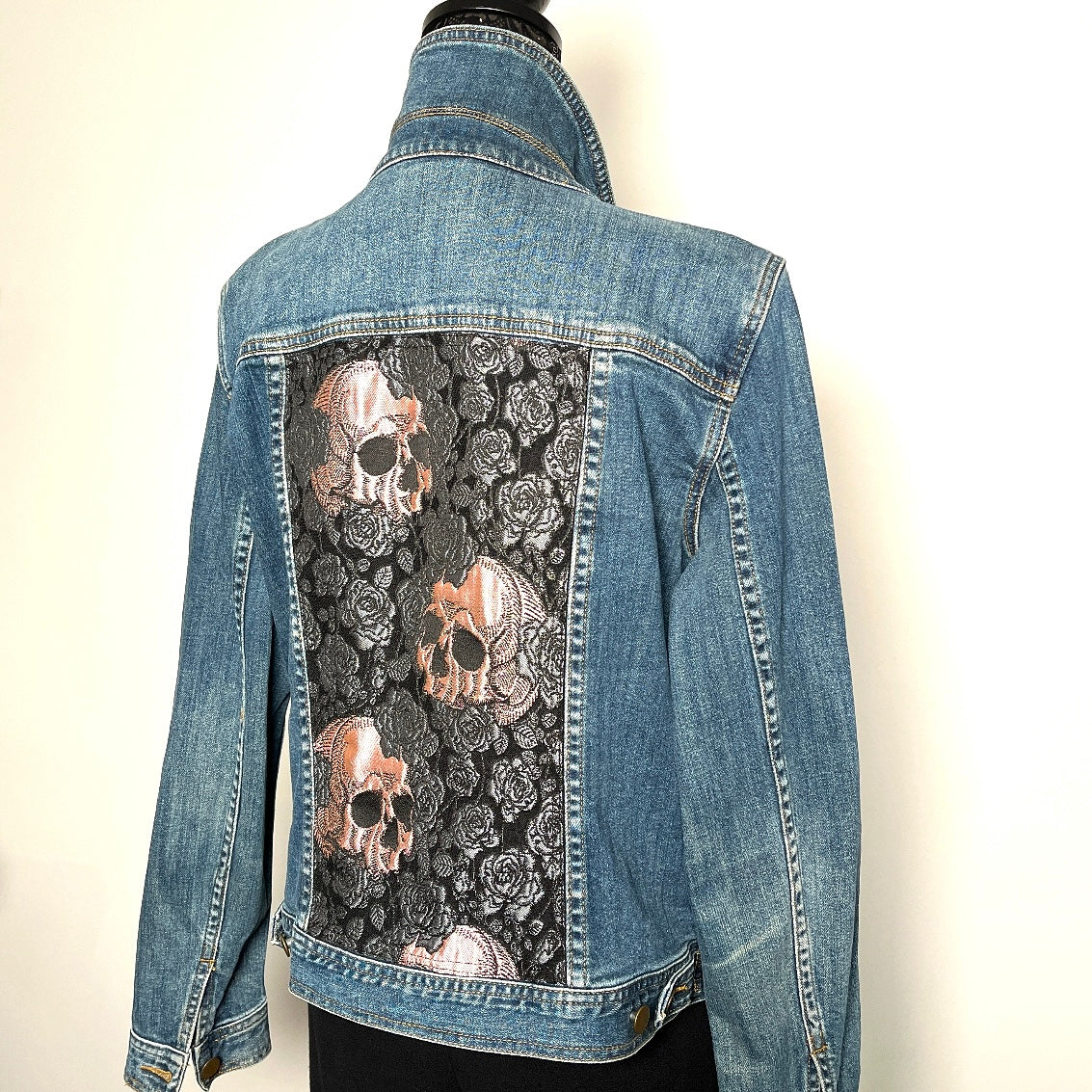 Upcycled denim jacket skulls and roses sustainable fashion made in melbourne 