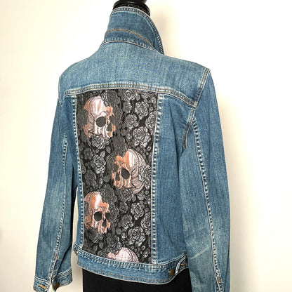 Upcycled denim jacket skulls and roses sustainable fashion made in melbourne 