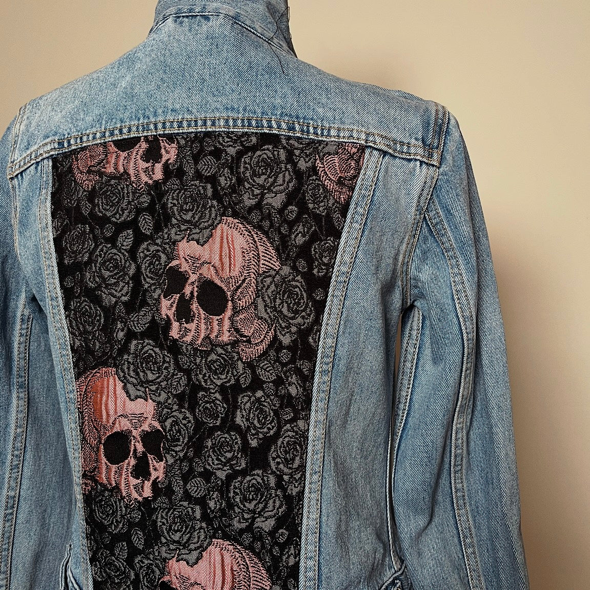 Upcycled denim jacket skulls and roses  pink sustainable fashion made in melbourne 
