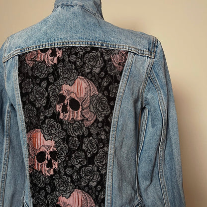Upcycled denim jacket skulls and roses  pink sustainable fashion made in melbourne 