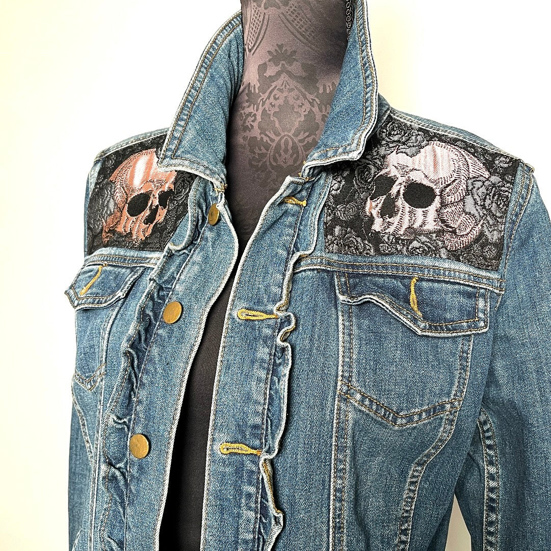 Upcycled denim jacket skulls and roses sustainable fashion made in melbourne 