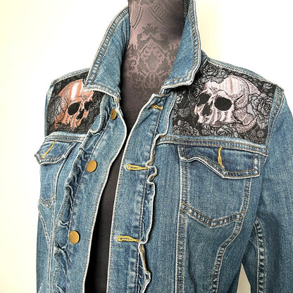 Upcycled denim jacket skulls and roses sustainable fashion made in melbourne 