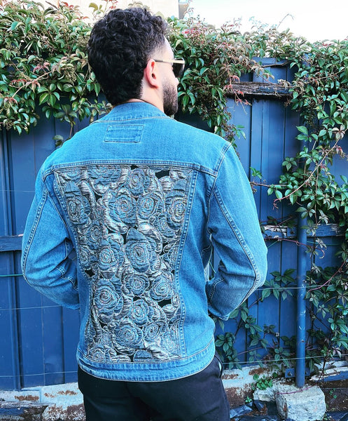 Eloise Upcycled - One Of A Kind  - Mens denim with silver blue floral brocade