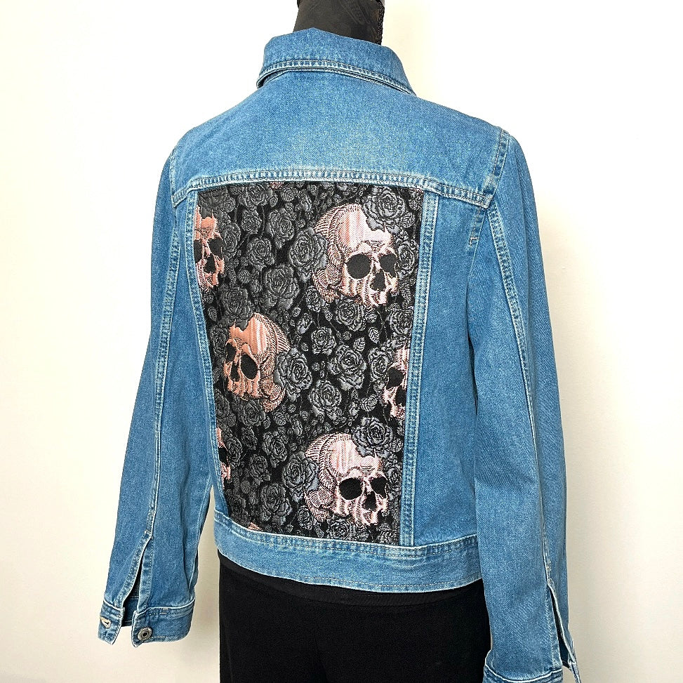 Upcycled denim jacket skulls and roses sustainable fashion made in melbourne 