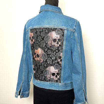 Upcycled denim jacket skulls and roses sustainable fashion made in melbourne 