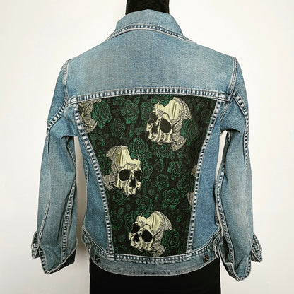 Upcycled denim jacket skulls and roses sustainable fashion made in melbourne 