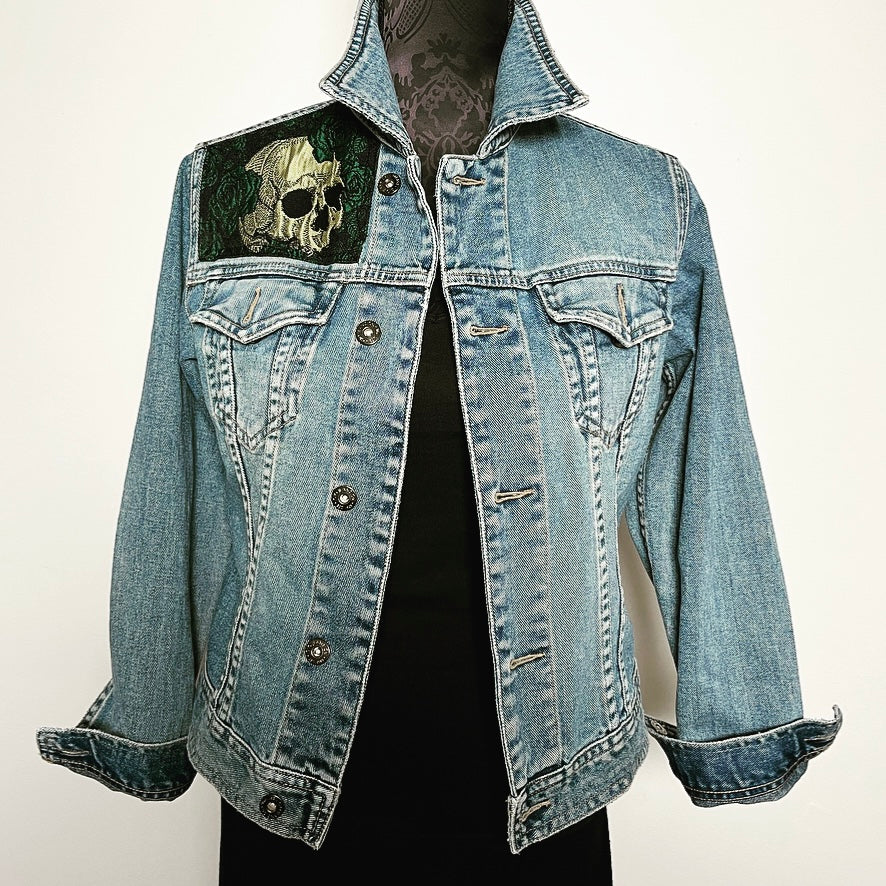 Upcycled denim jacket skulls and roses sustainable fashion made in melbourne 