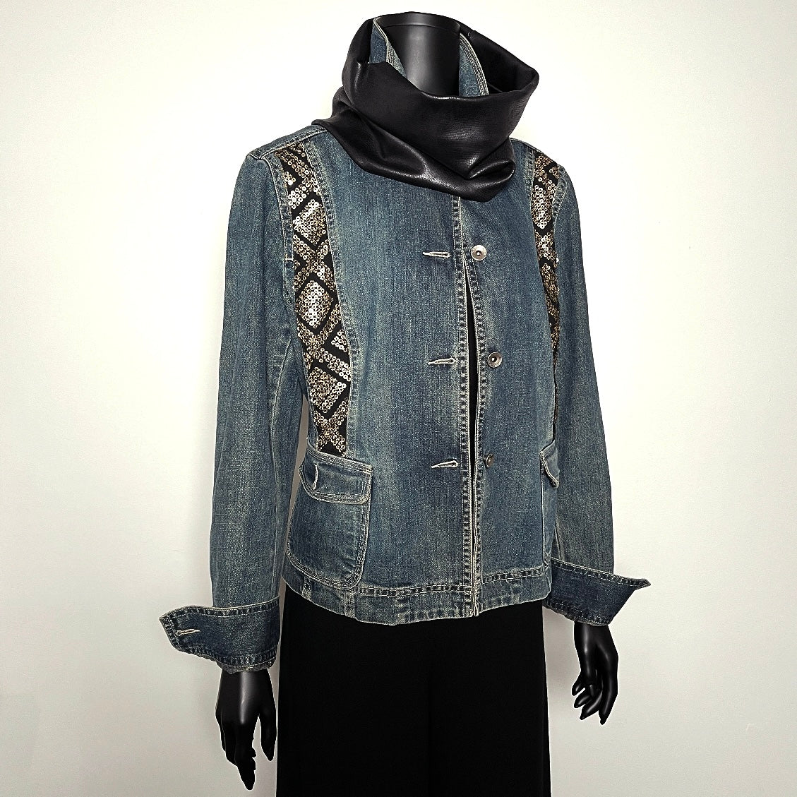 Upcycled denim jacket gold sequins sustainable fashion made in melbourne 