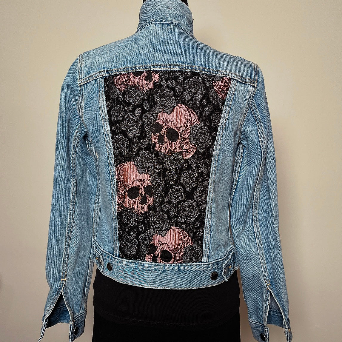 Upcycled denim jacket skulls and roses  pink sustainable fashion made in melbourne 