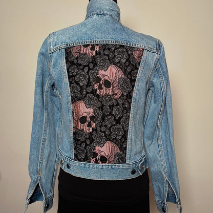 Upcycled denim jacket skulls and roses  pink sustainable fashion made in melbourne 