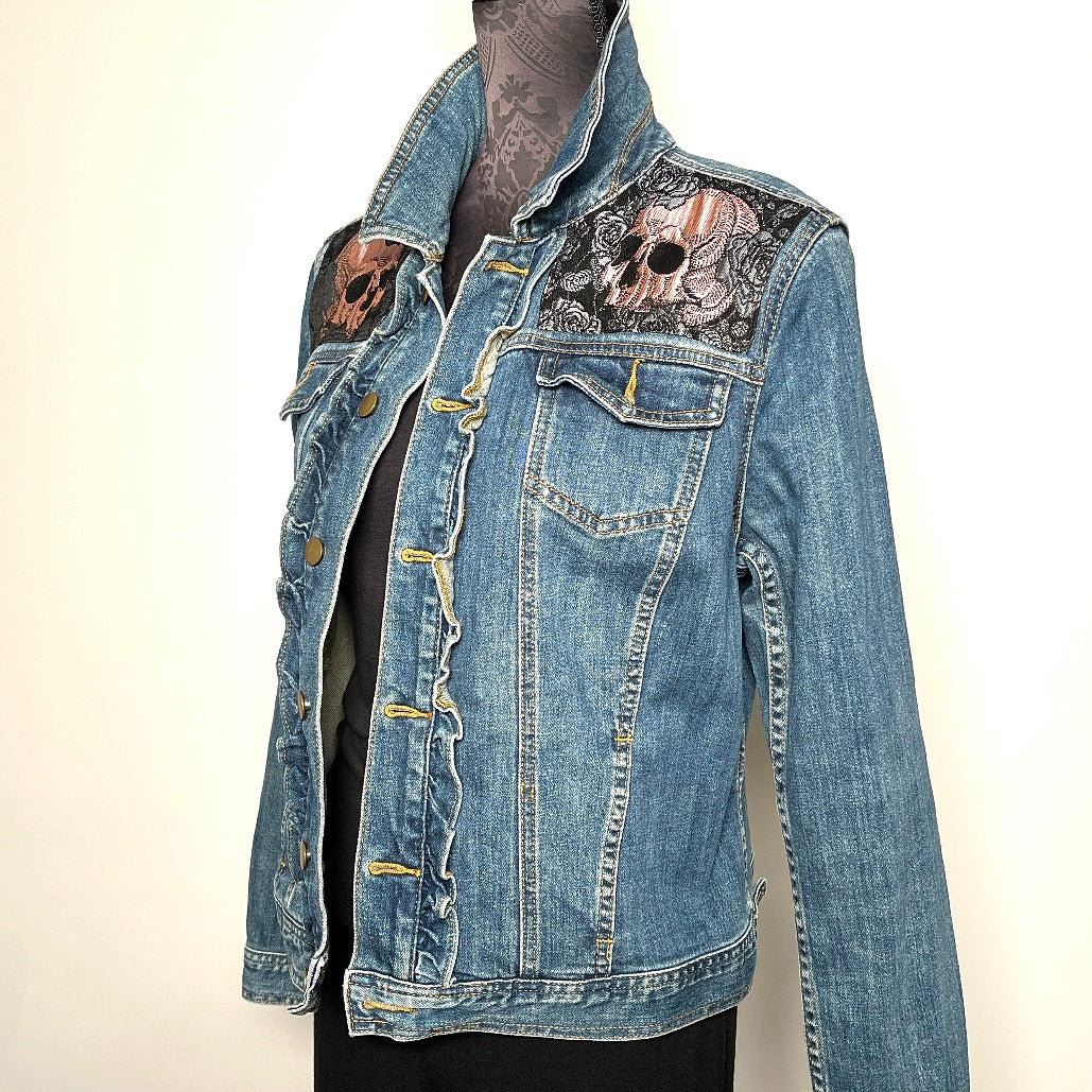 Upcycled denim jacket skulls and roses sustainable fashion made in melbourne 