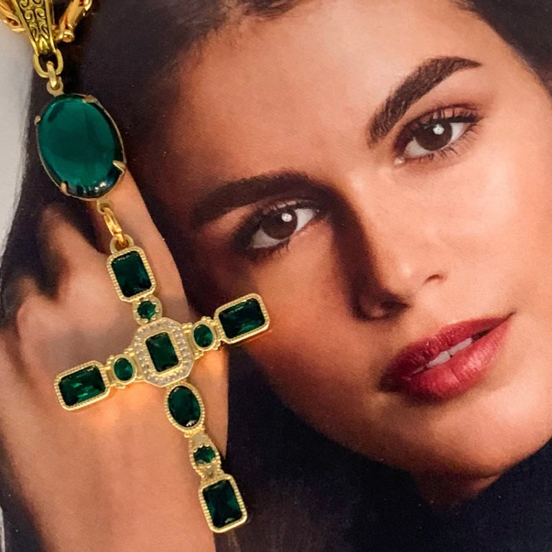 Gold cross necklace with emerald cut crystals on baroque style gold chain made in Australia Eloise the label