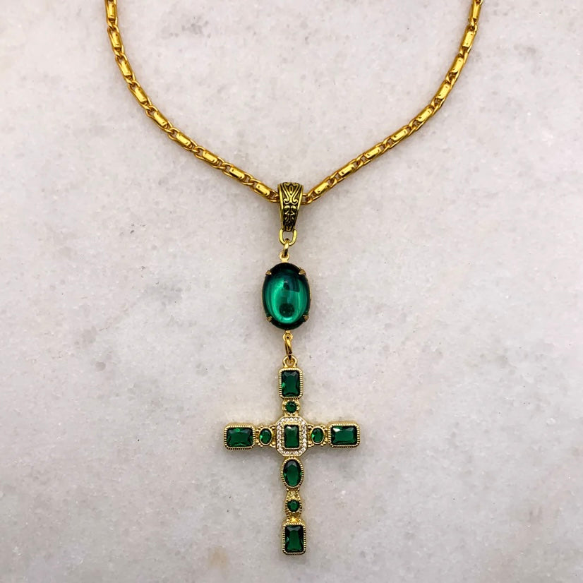 Gold cross necklace with emerald cut crystals on baroque style gold chain made in Australia Eloise the label