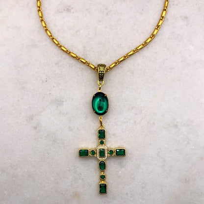 Gold cross necklace with emerald cut crystals on baroque style gold chain made in Australia Eloise the label
