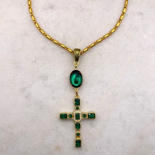 Gold cross necklace with emerald cut crystals on baroque style gold chain made in Australia Eloise the label