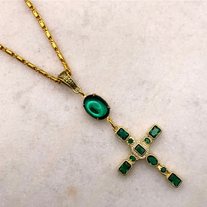 Gold cross necklace with emerald cut crystals on baroque style gold chain made in Australia Eloise the label