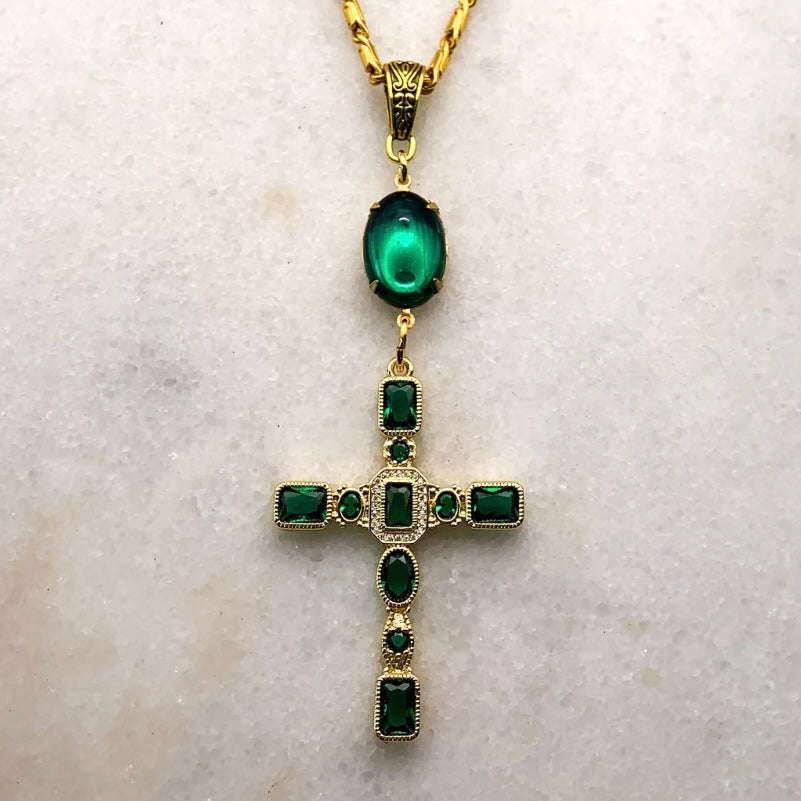 Gold cross necklace with emerald cut crystals on baroque style gold chain made in Australia Eloise the label