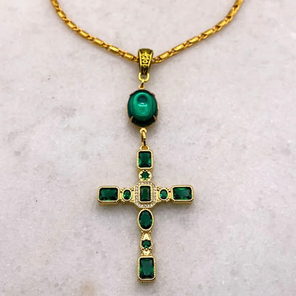 Gold cross necklace with emerald cut crystals on baroque style gold chain made in Australia Eloise the label