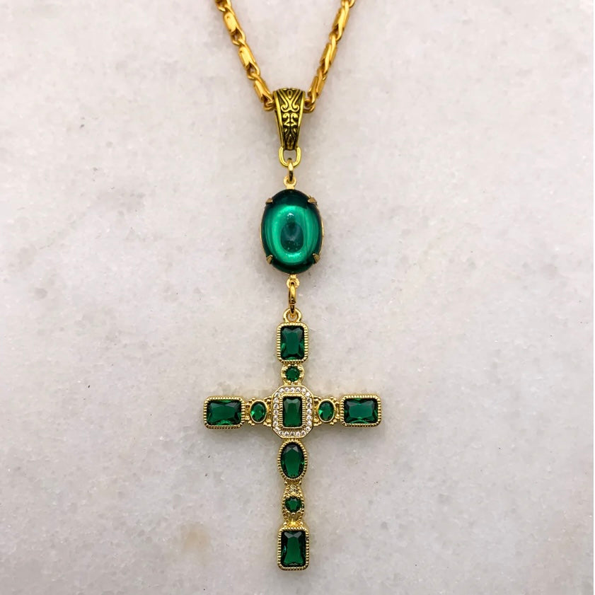 Gold cross necklace with emerald cut crystals on baroque style gold chain made in Australia Eloise the label
