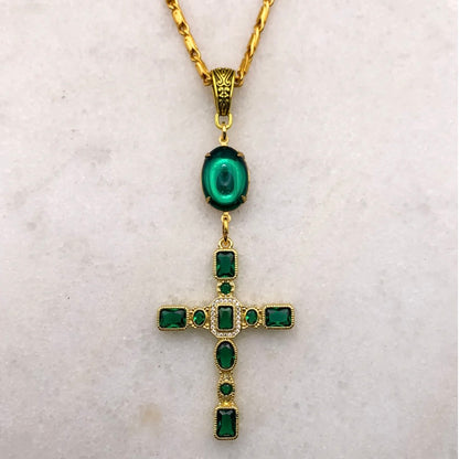 Gold cross necklace with emerald cut crystals on baroque style gold chain made in Australia Eloise the label