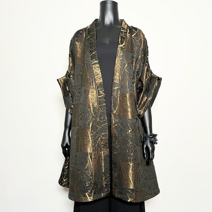 A-line swing coat in gold bronze jacquard evening coat event wear melbourne made eloise the label