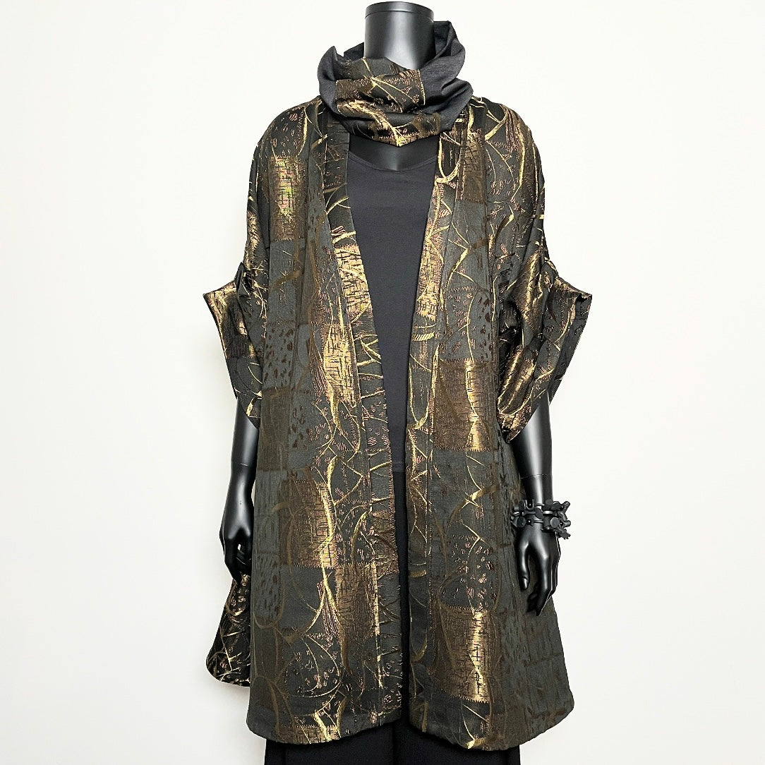 A-line swing coat in gold bronze jacquard evening coat event wear melbourne made eloise the label