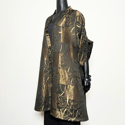 A-line swing coat in gold bronze jacquard evening coat event wear melbourne made eloise the label