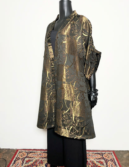 A-line swing coat in gold bronze jacquard evening coat event wear melbourne made eloise the label