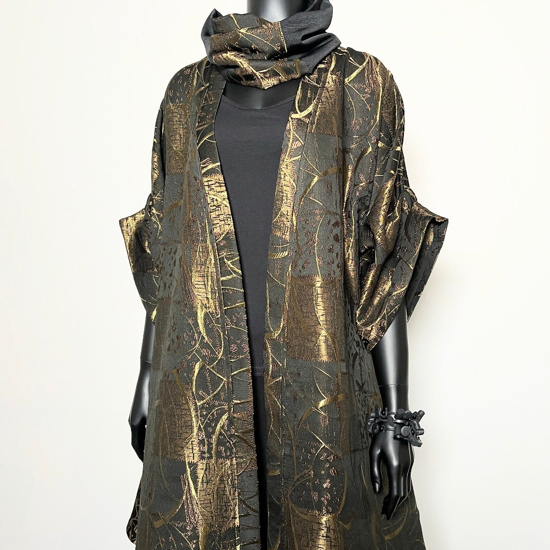 A-line swing coat in gold bronze jacquard evening coat event wear melbourne made eloise the label