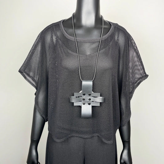 Black mesh top with silver sparkle short sleeve black rubber cross necklace wide leg linen pants made in Melbourne Eloise the label
