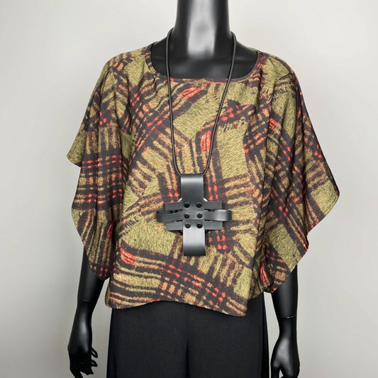 Olive green short sleeve top relaxed fit black rubber cross necklace black line wide leg pant made in Melbourne Eloise the label