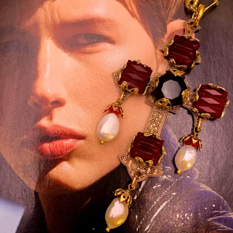 Forget Me Not Cross Necklace - Gold Garnet And Pearl