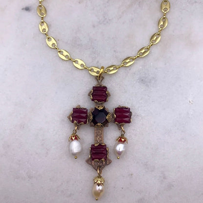 Forget Me Not Cross Necklace - Gold Garnet And Pearl