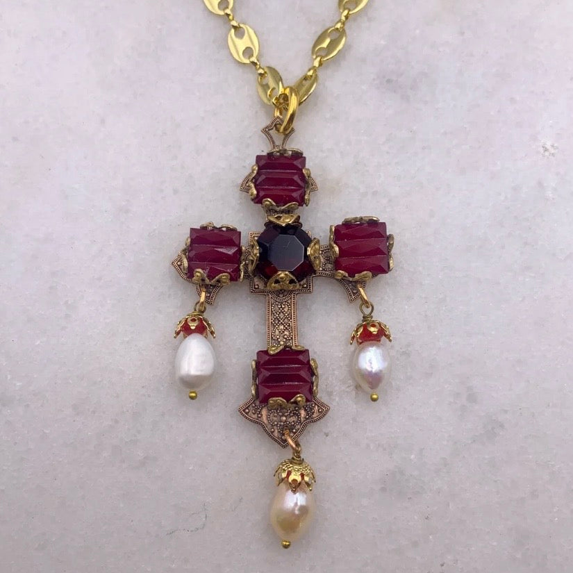 Forget Me Not Cross Necklace - Gold Garnet And Pearl