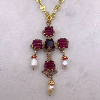 Forget Me Not Cross Necklace - Gold Garnet And Pearl