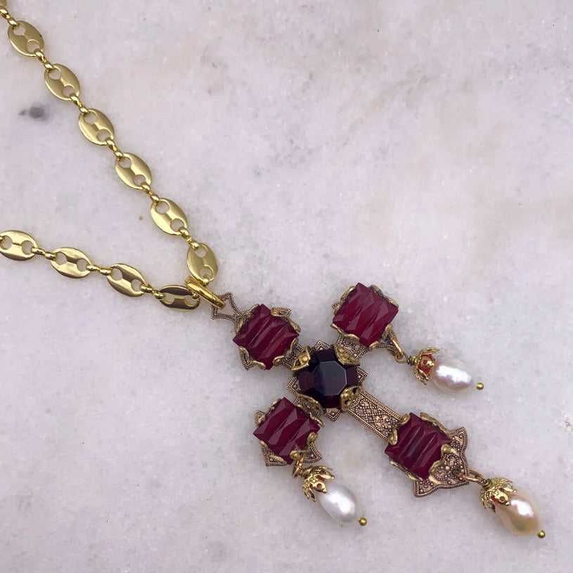 Forget Me Not Cross Necklace - Gold Garnet And Pearl
