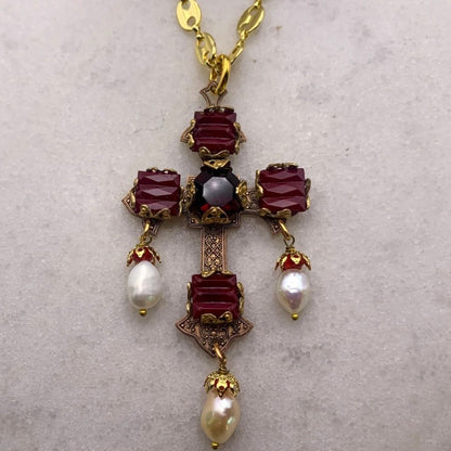 Forget Me Not Cross Necklace - Gold Garnet And Pearl