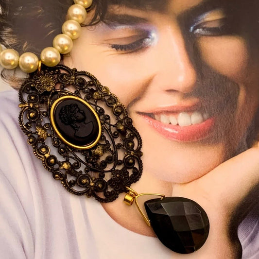 Found Treasure Necklace - Vintage French Jet Cameo And Pearls