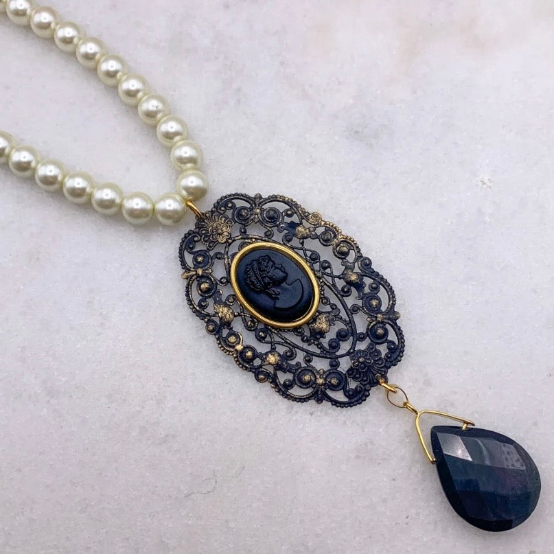 Found Treasure Necklace - Vintage French Jet Cameo And Pearls
