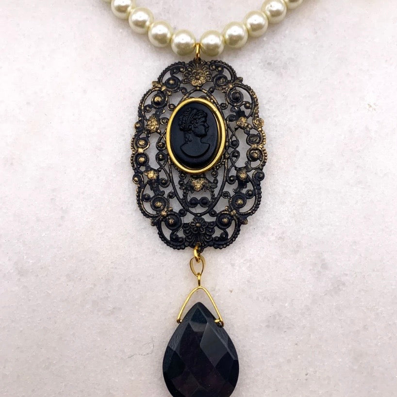 Found Treasure Necklace - Vintage French Jet Cameo And Pearls