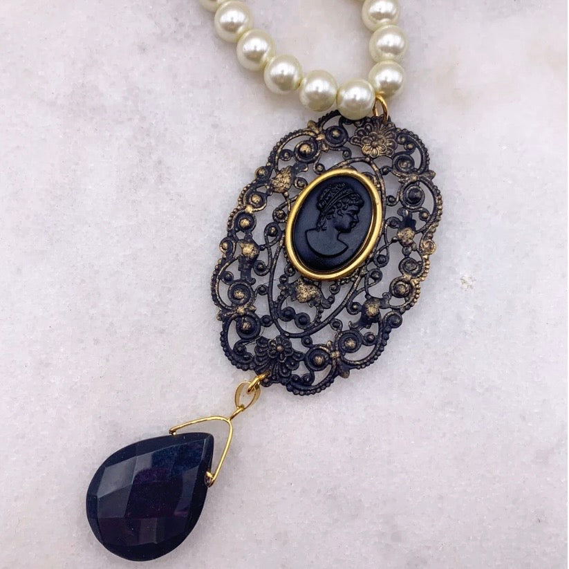 Found Treasure Necklace - Vintage French Jet Cameo And Pearls