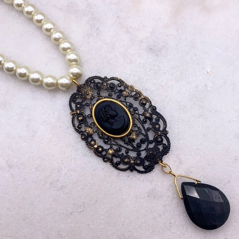 Found Treasure Necklace - Vintage French Jet Cameo And Pearls