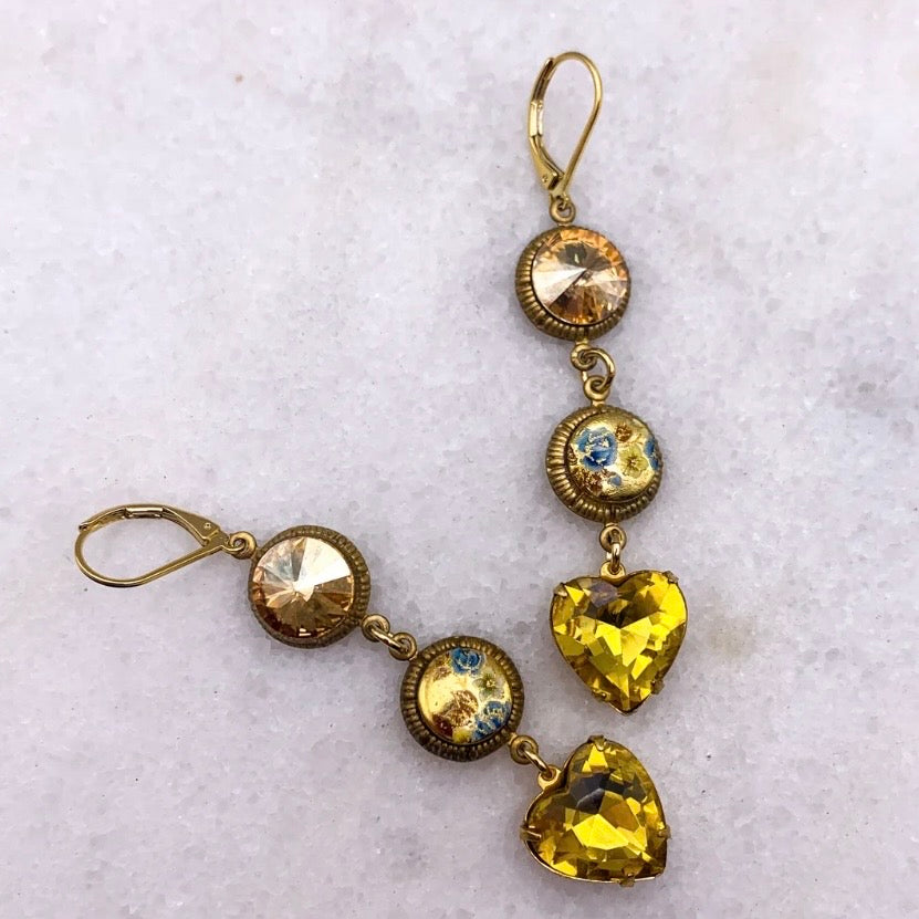 Golden Spirit Earrings - Hand Painted Cameos And Vintage Cut Crystals