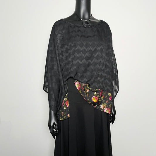 Havana Top - Black Georgette With Floral Hemline Trim