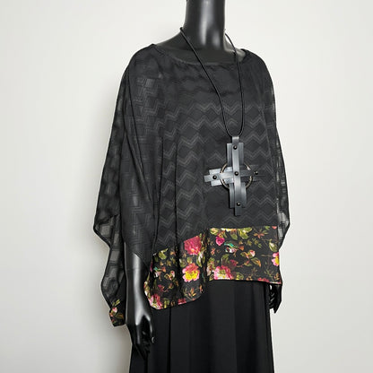 Havana Top - Black Georgette With Floral Hemline Trim