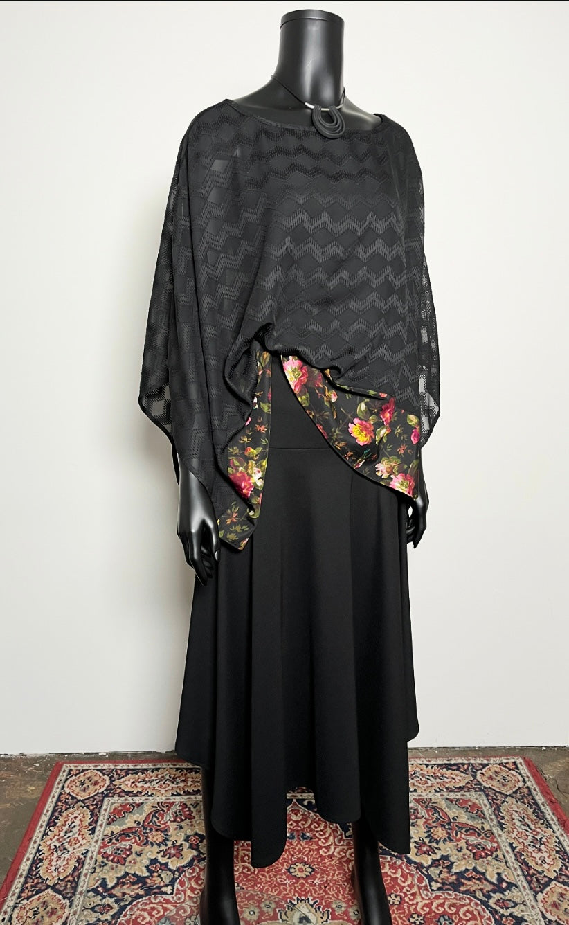 Havana Top - Black Georgette With Floral Hemline Trim